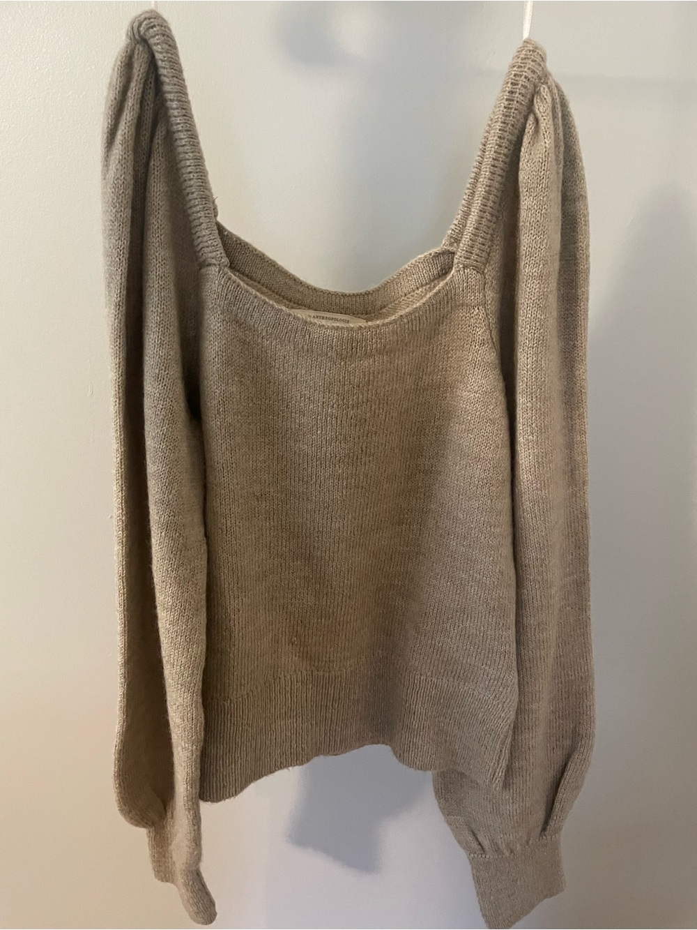 Anthropologie Off-the-Shoulder Balloon-Sleeve Sweater in Taupe